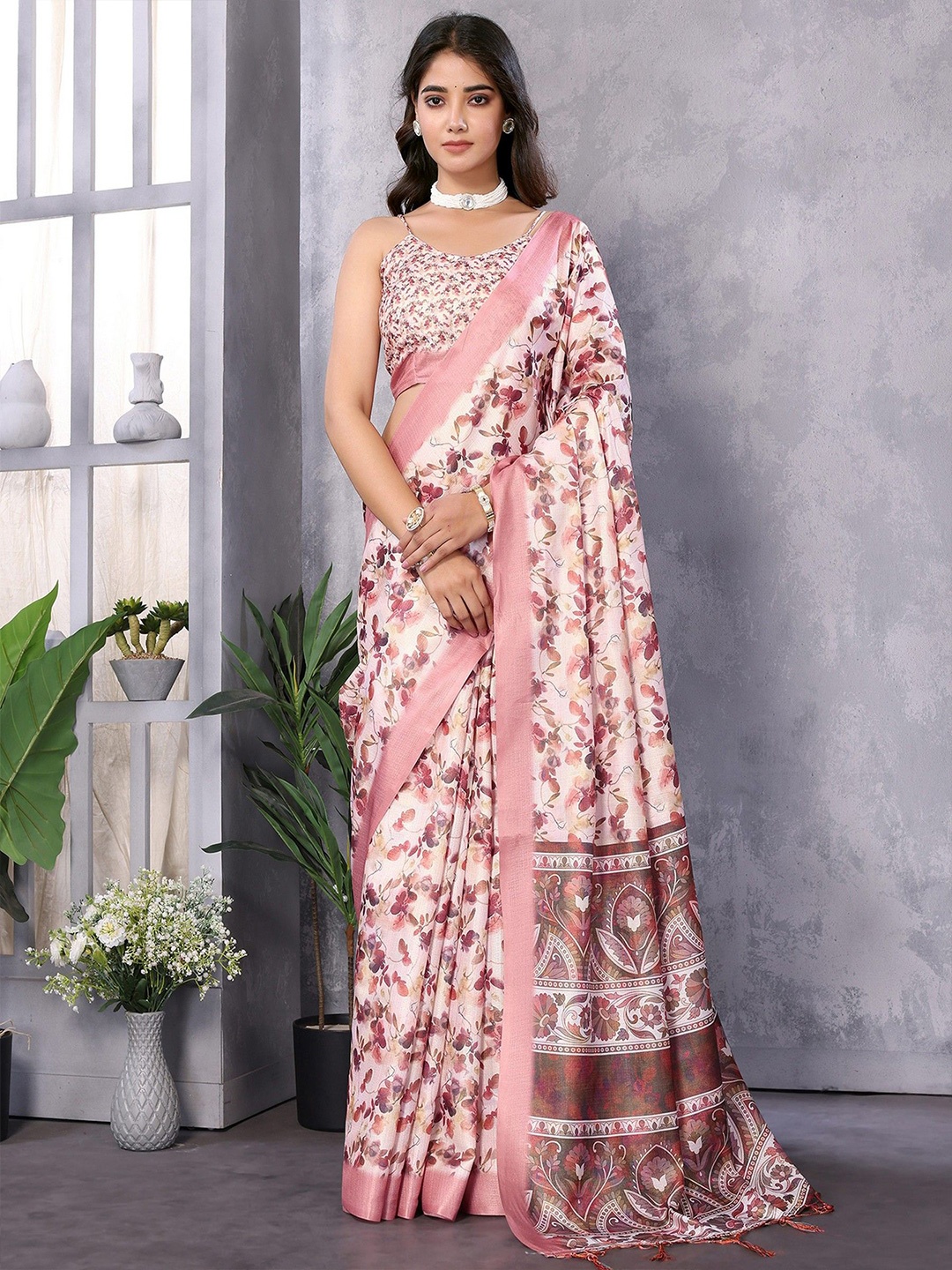 

KALINI Floral Zari Saree, Brown