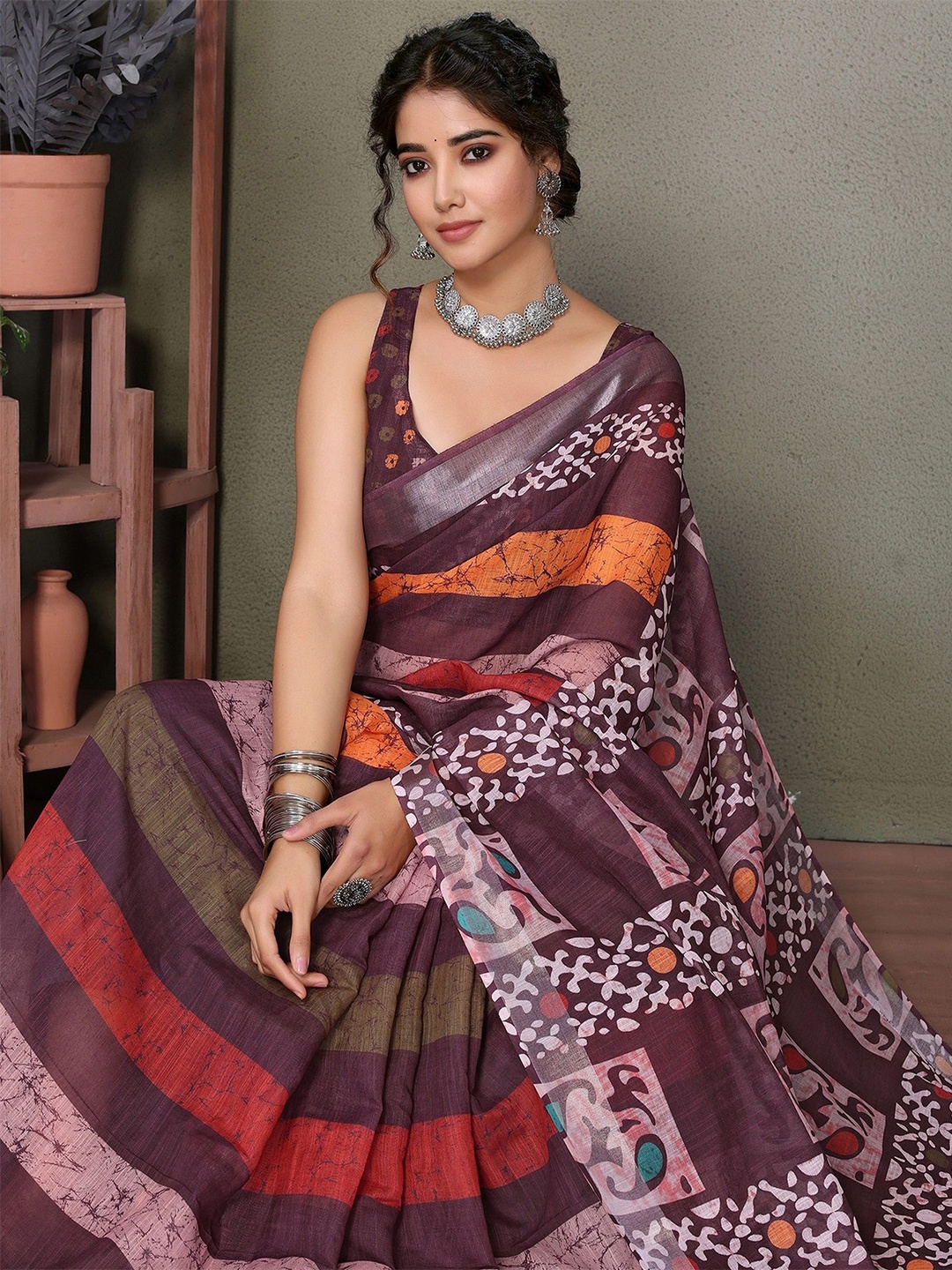 

KALINI Digital Print With Silver Weaving Border Saree, Purple