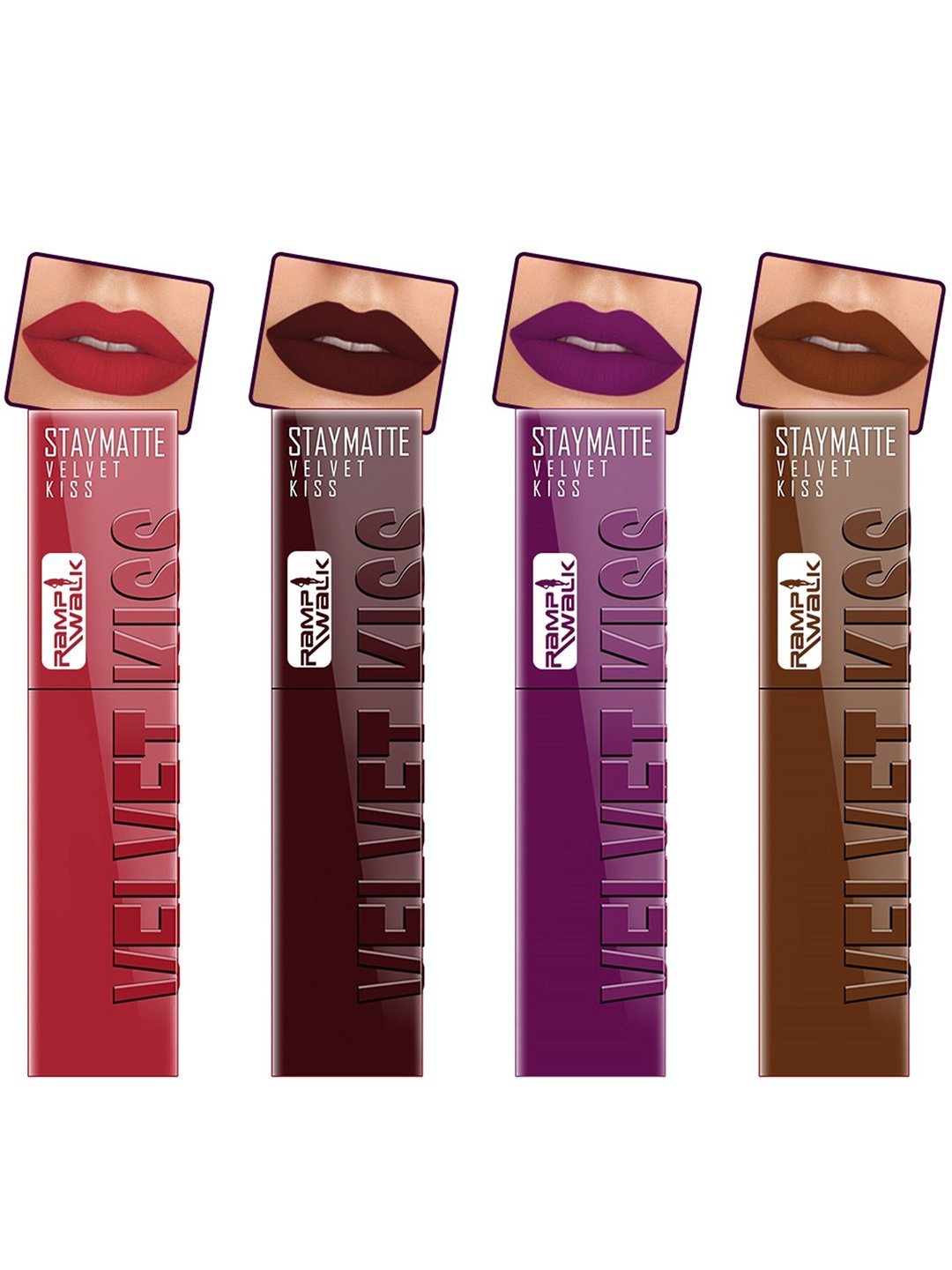 

Ramp Walk Velvet Kiss Set Of 4 Matte Liquid Lipstick- 3.5ml Each- Shade - 01- 02 - 03 - 11, Red