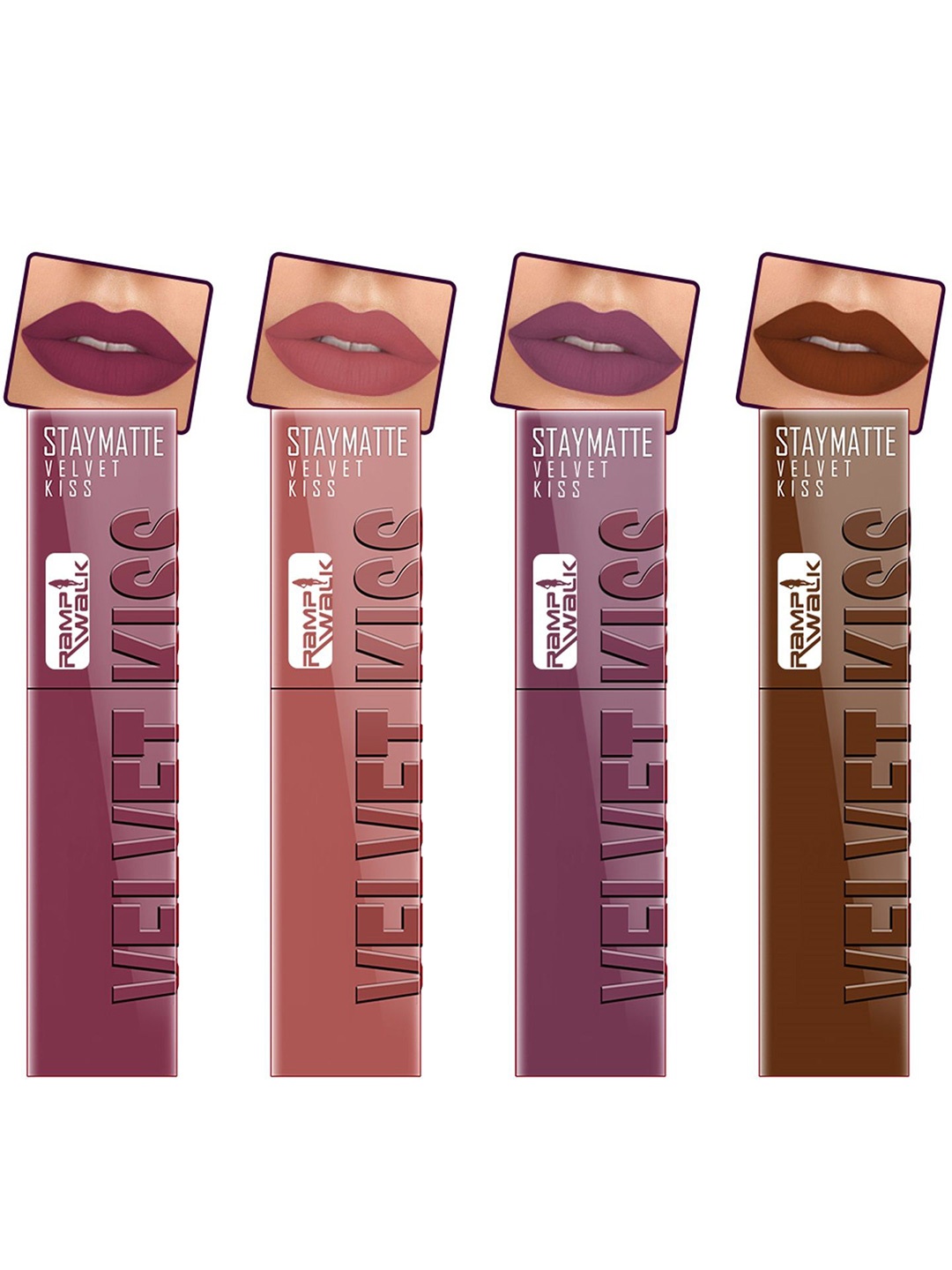 

Ramp Walk Velvet Kiss Set Of 4 Matte Liquid Lipstick- 3.5ml Each- Shade - 4- 5 - 6 - 11, Purple