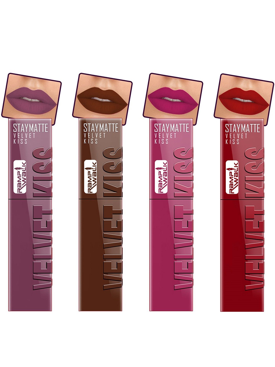 

Ramp Walk Velvet Kiss Set Of 4 Matte Liquid Lipstick- 3.5ml Each- Shade- 6 - 7 - 8 - 12, Purple