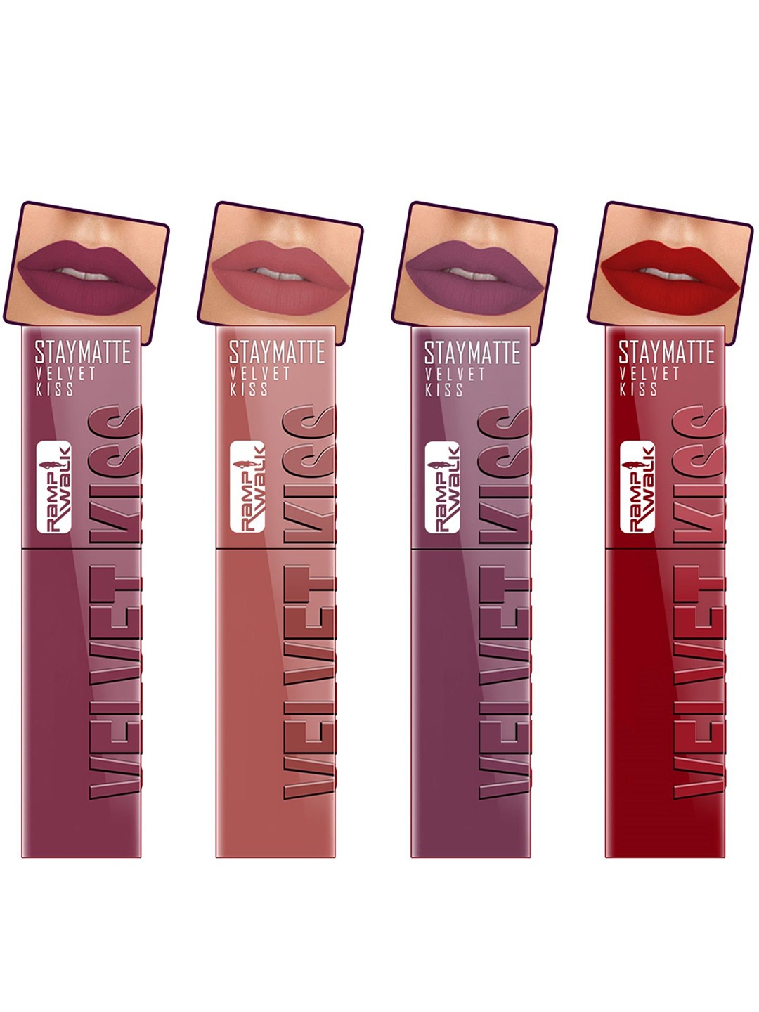 

Ramp Walk Velvet Kiss Set Of 4 Matte Liquid Lipstick- 3.5ml Each- Shade- 4-5-6-12, Purple