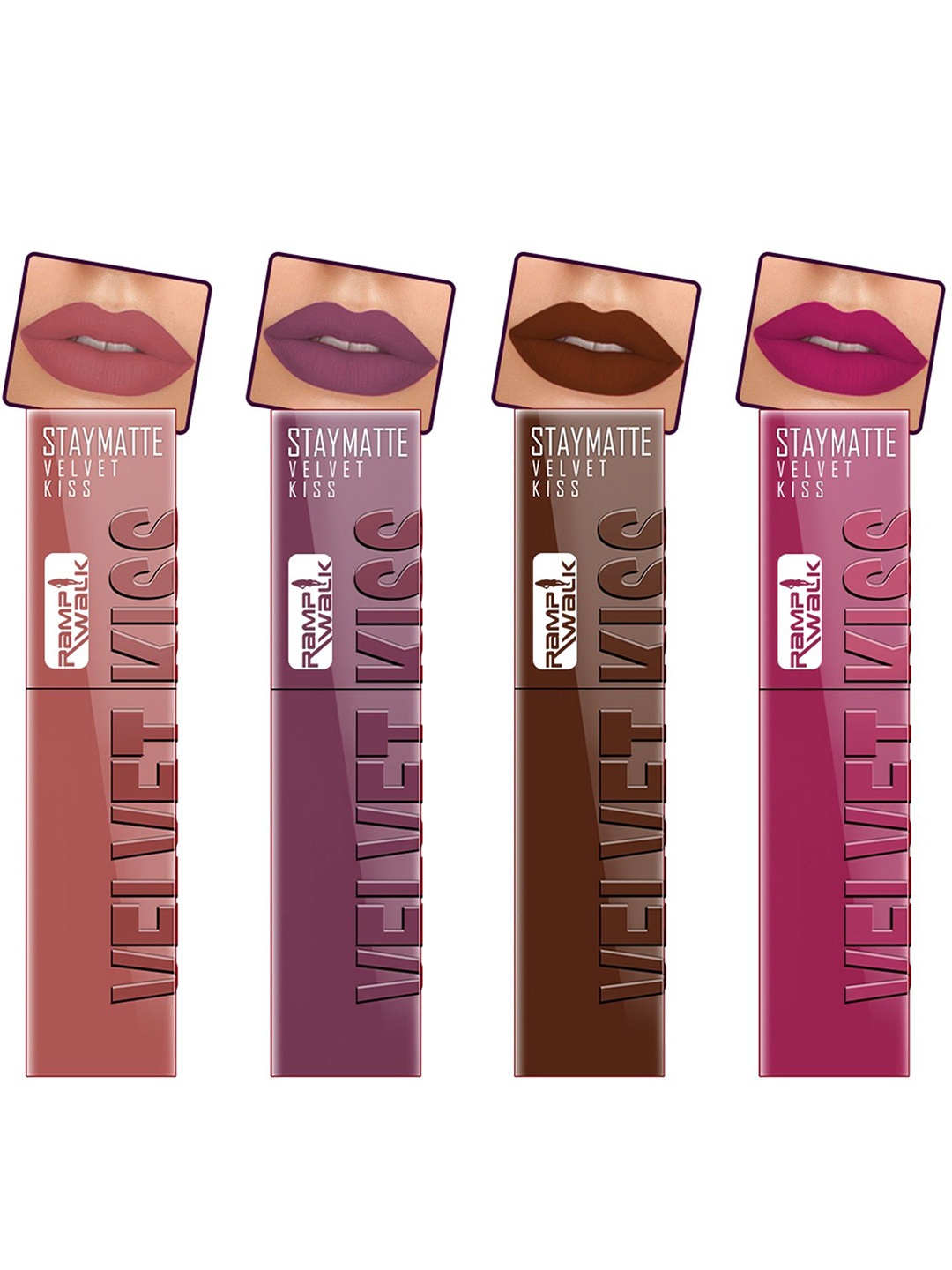 

Ramp Walk Velvet Kiss Set Of 4 Matte Liquid Lipstick- 3.5 ml Each- Shade- 5 - 6 - 7 - 8, Pink