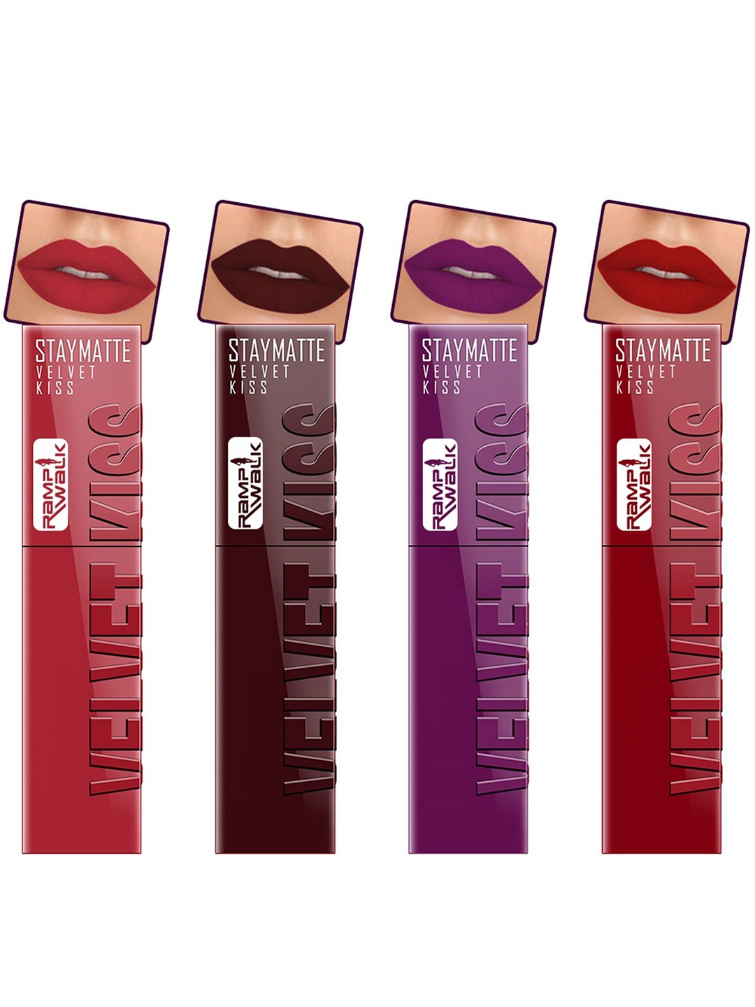 

Ramp Walk Velvet Kiss Set Of 4 Matte Liquid Lipstick- 3.5 ml Each -1- 2 - 3 -12, Red