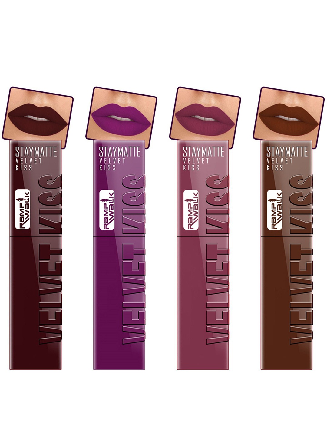 

Ramp Walk Velvet Kiss Set Of 4 Matte Liquid Lipstick- 3.5 ml Each- Shade- 2- 3 - 4 - 7, Purple