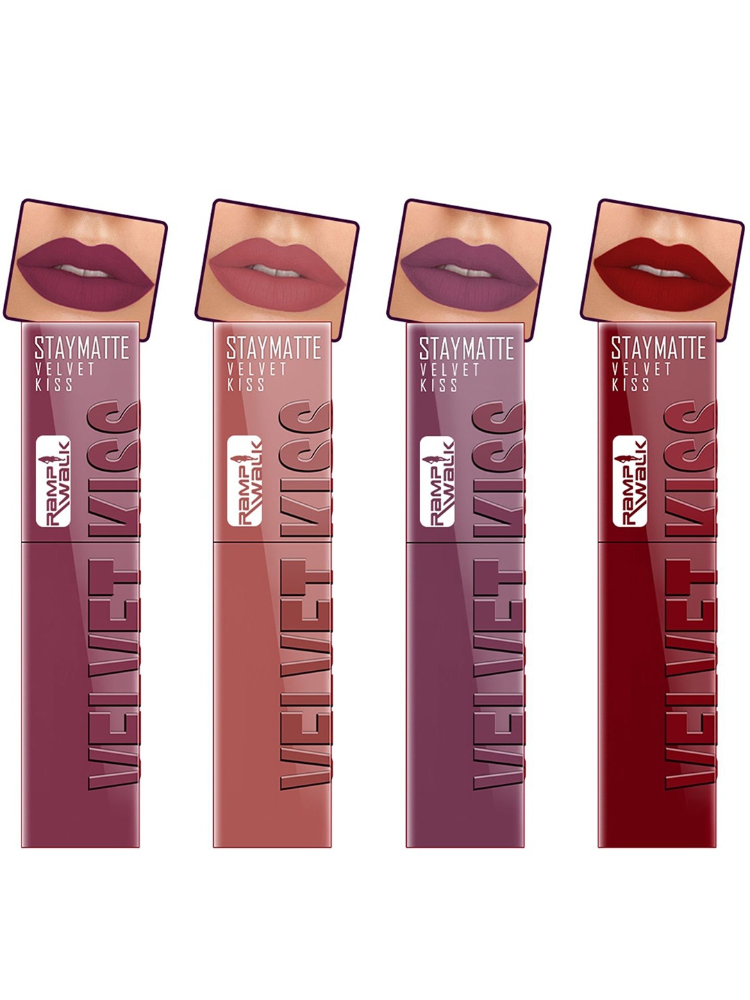 

Ramp Walk Velvet Kiss Set Of 4 Matte Liquid Lipstick- 3.5 ml Each- Shade- 4- 5 - 6 - 9, Purple