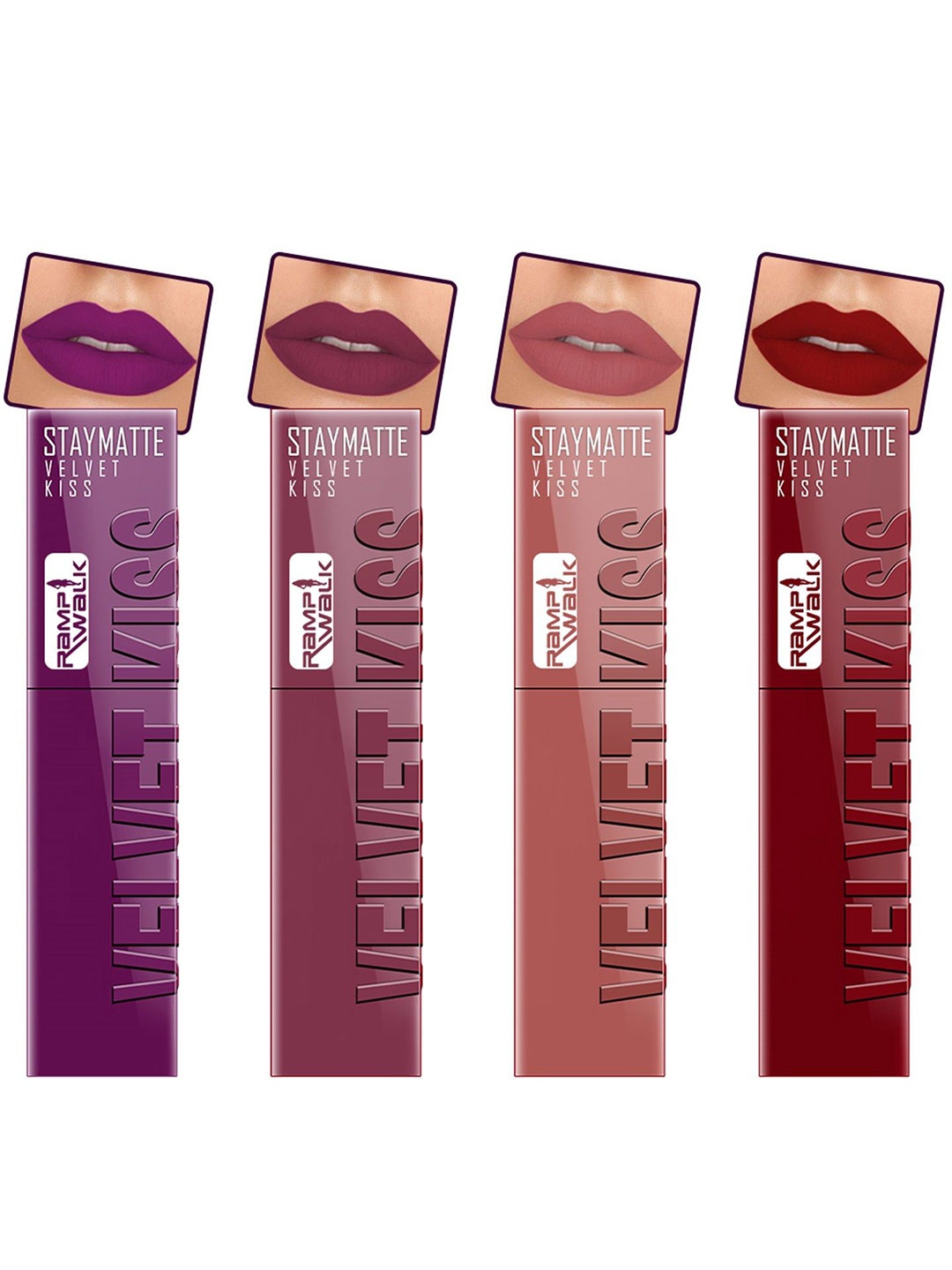 

Ramp Walk Velvet Kiss Set Of 4 Matte Liquid Lipstick- 3.5ml Each- Shade - 3 - 4 - 5 - 9, Purple