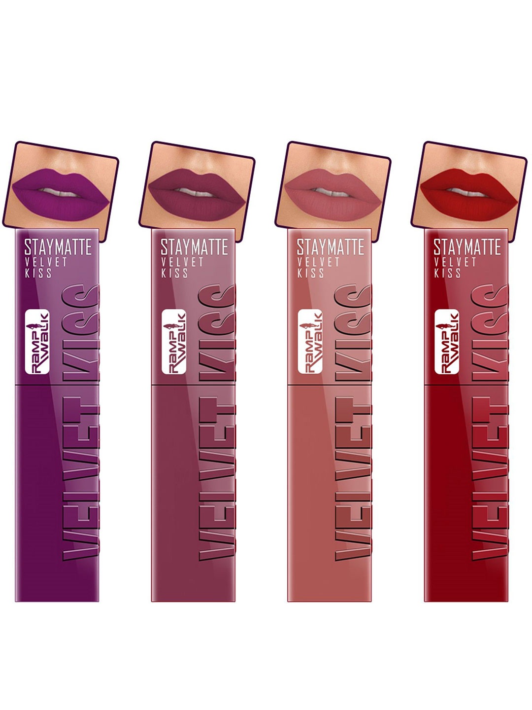 

Ramp Walk Velvet Kiss Set Of 4 Matte Liquid Lipstick- 3.5 ml Each- Shade - 3 - 4 - 5 - 12, Purple