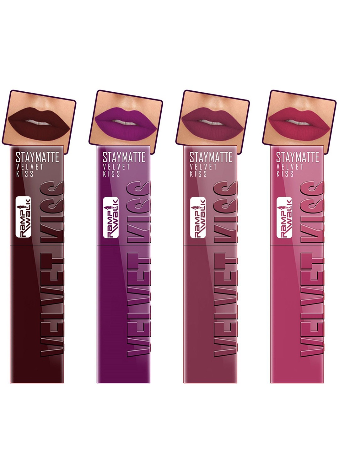 

Ramp Walk Velvet Kiss Set Of 4 Matte Liquid Lipstick- 3.5 ml Each- Shade- 2 - 3 - 4 - 10, Purple