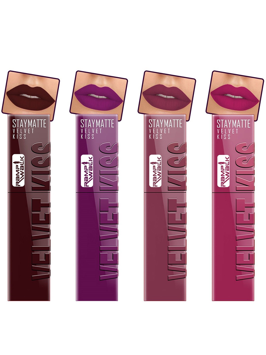 

Ramp Walk Velvet Kiss Set Of 4 Matte Liquid Lipstick- 3.5 ml Each- Shade- 2 - 3 - 4 - 8, Peach
