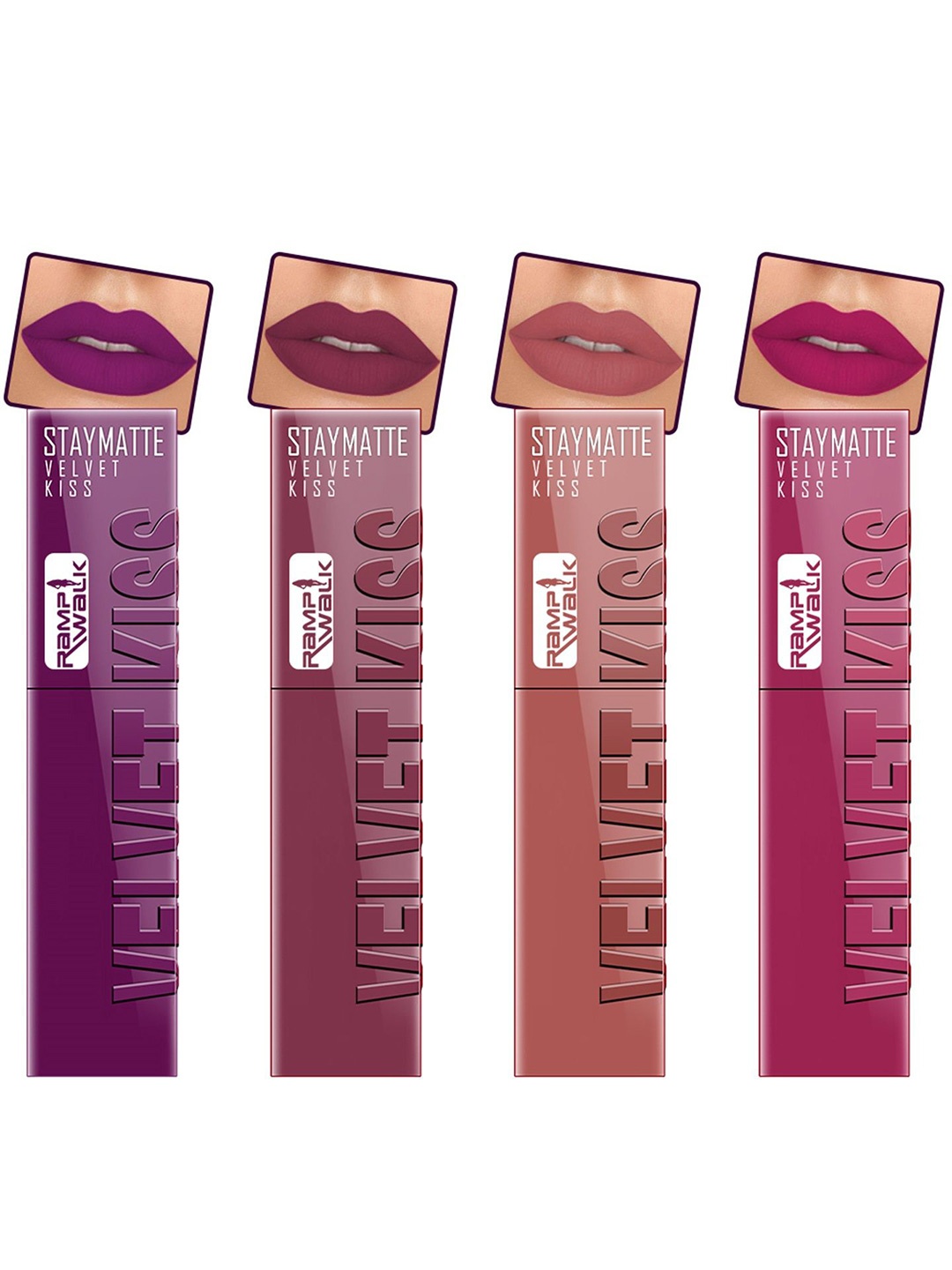 

Ramp Walk Velvet Kiss Set Of 4 Matte Liquid Lipstick- 3.5 ml Each- Shade- 3 - 4 - 5 - 8, Purple