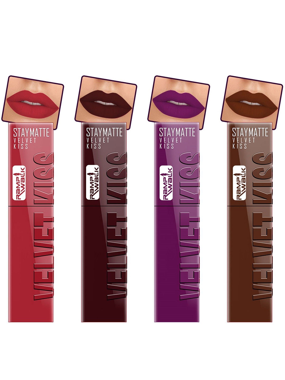 

Ramp Walk Velvet Kiss Set Of 4 Matte Liquid Lipstick- 3.5 ml Each- Shade - 3 - 1 - 2 - 7, Red