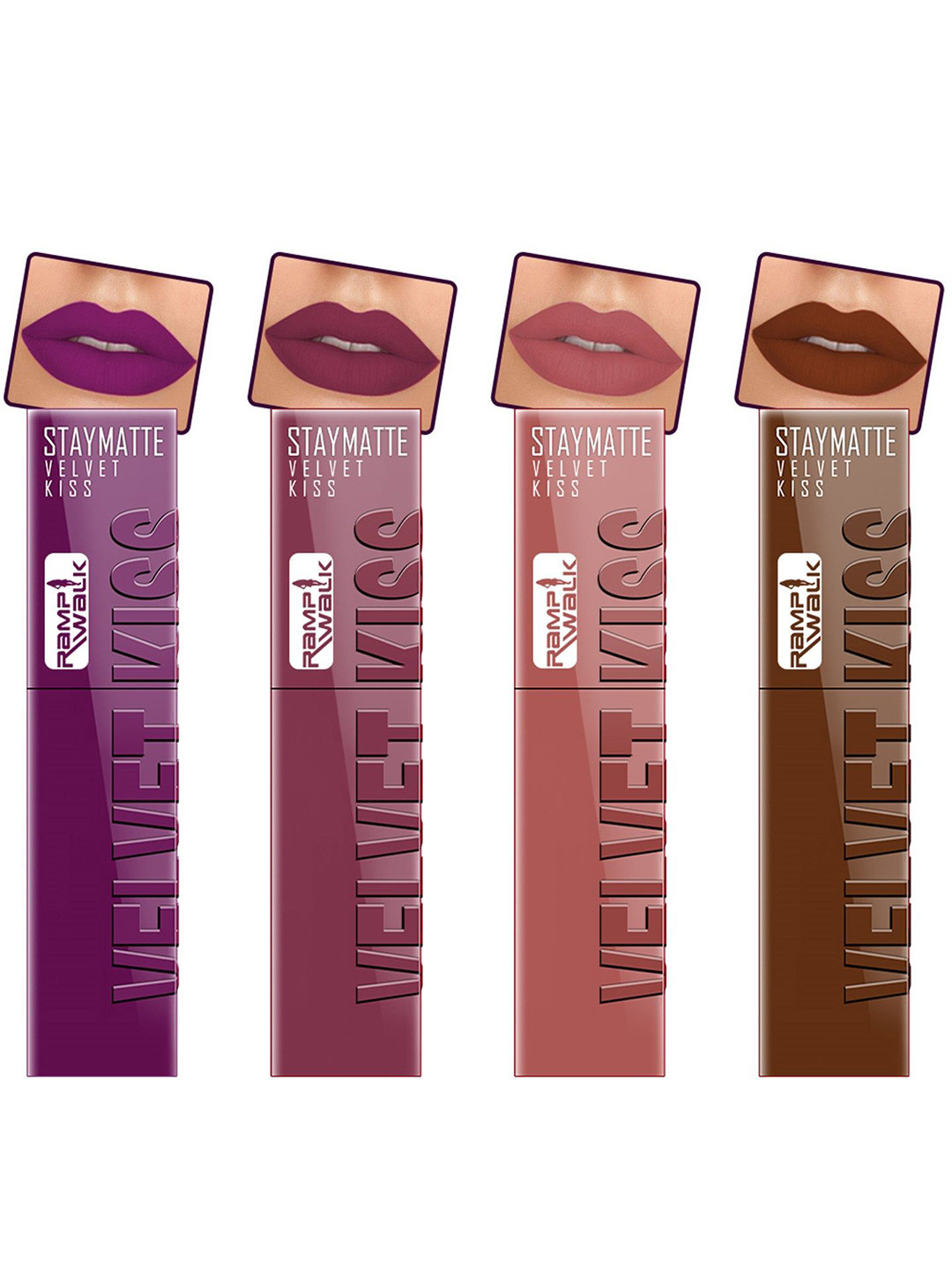 

Ramp Walk Velvet Kiss Set Of 4 Matte Liquid Lipstick- 3.5 ml Each - Shade - 3 - 4 - 5 -11, Purple