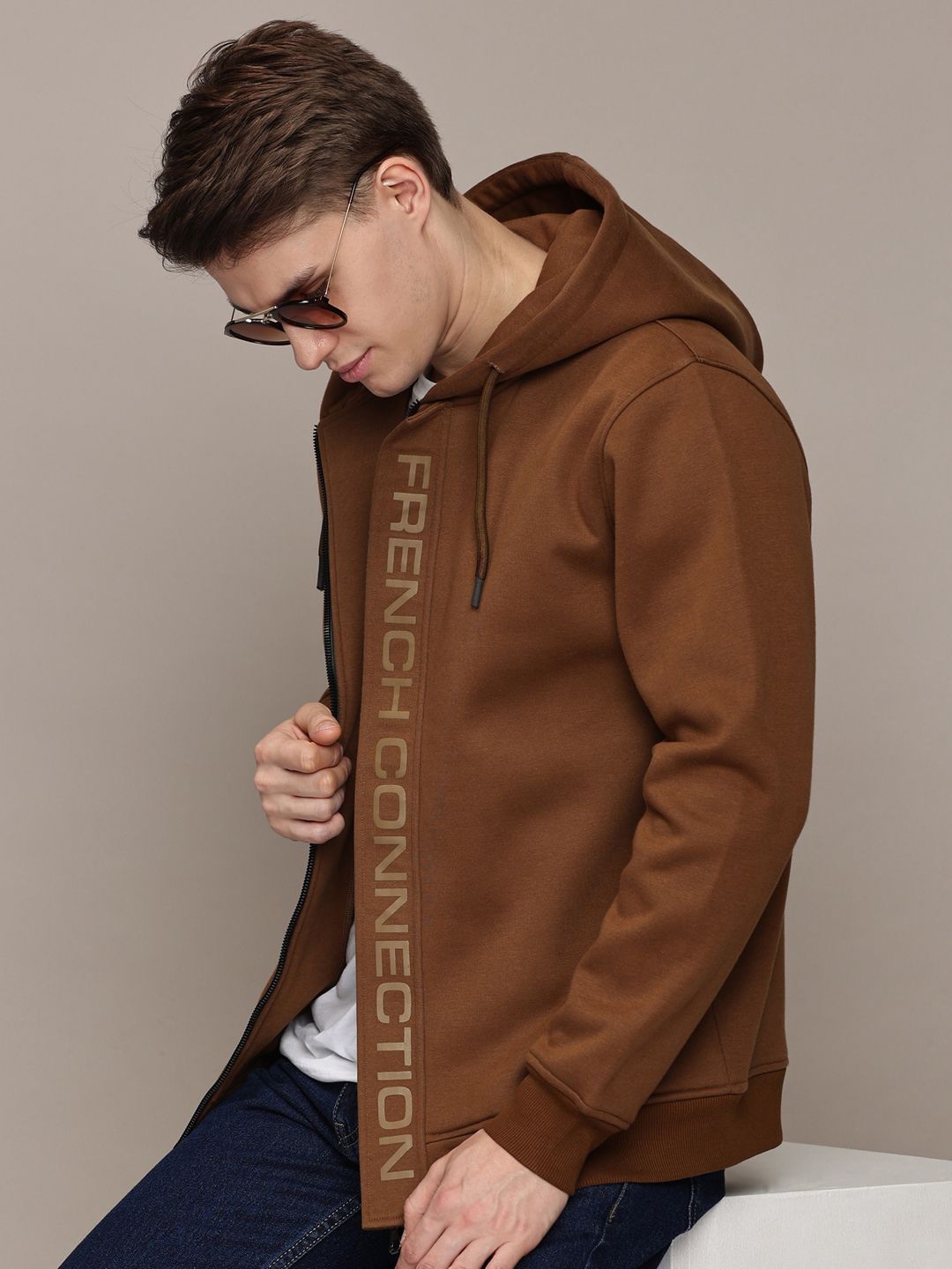 

French Connection Men Anti Odour Hooded Front-Open Sweatshirt, Brown