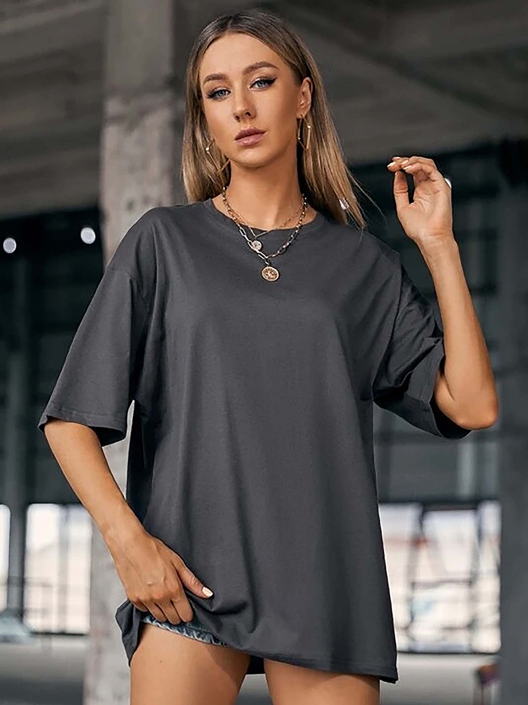 

London Hills Women Solid Round Neck Cotton Oversized T-shirt, Charcoal