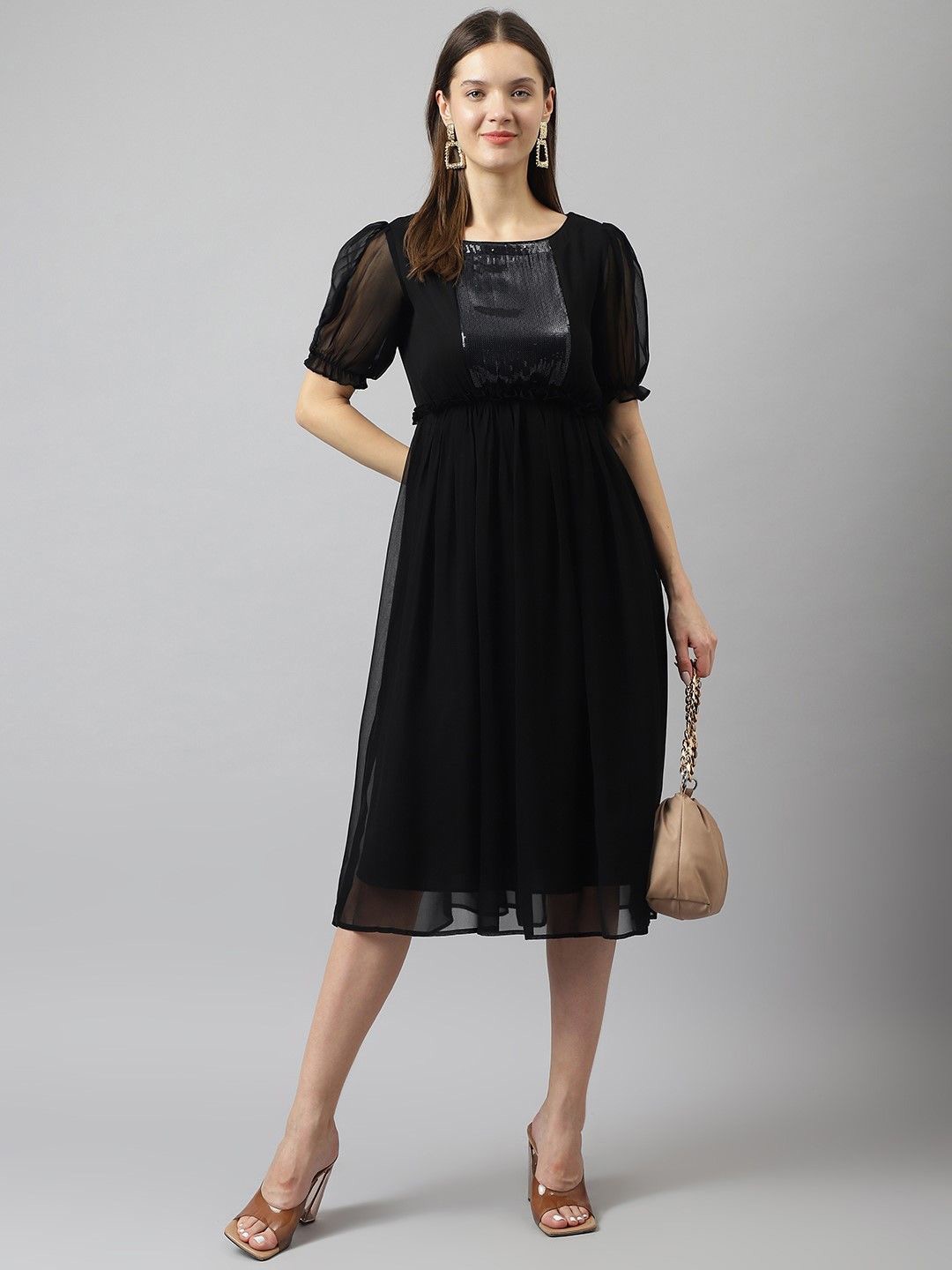 

BAESD Women Sequence Embellished Puff Sleeves Fit and Flare Dresses, Black