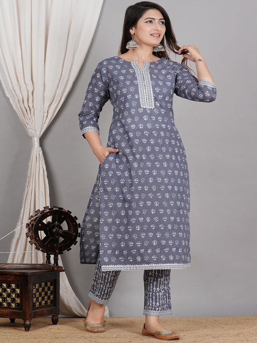SIGNORIA Floral Printed Round Neck Regular Pure Cotton Straight Kurta With Trouser, Grey