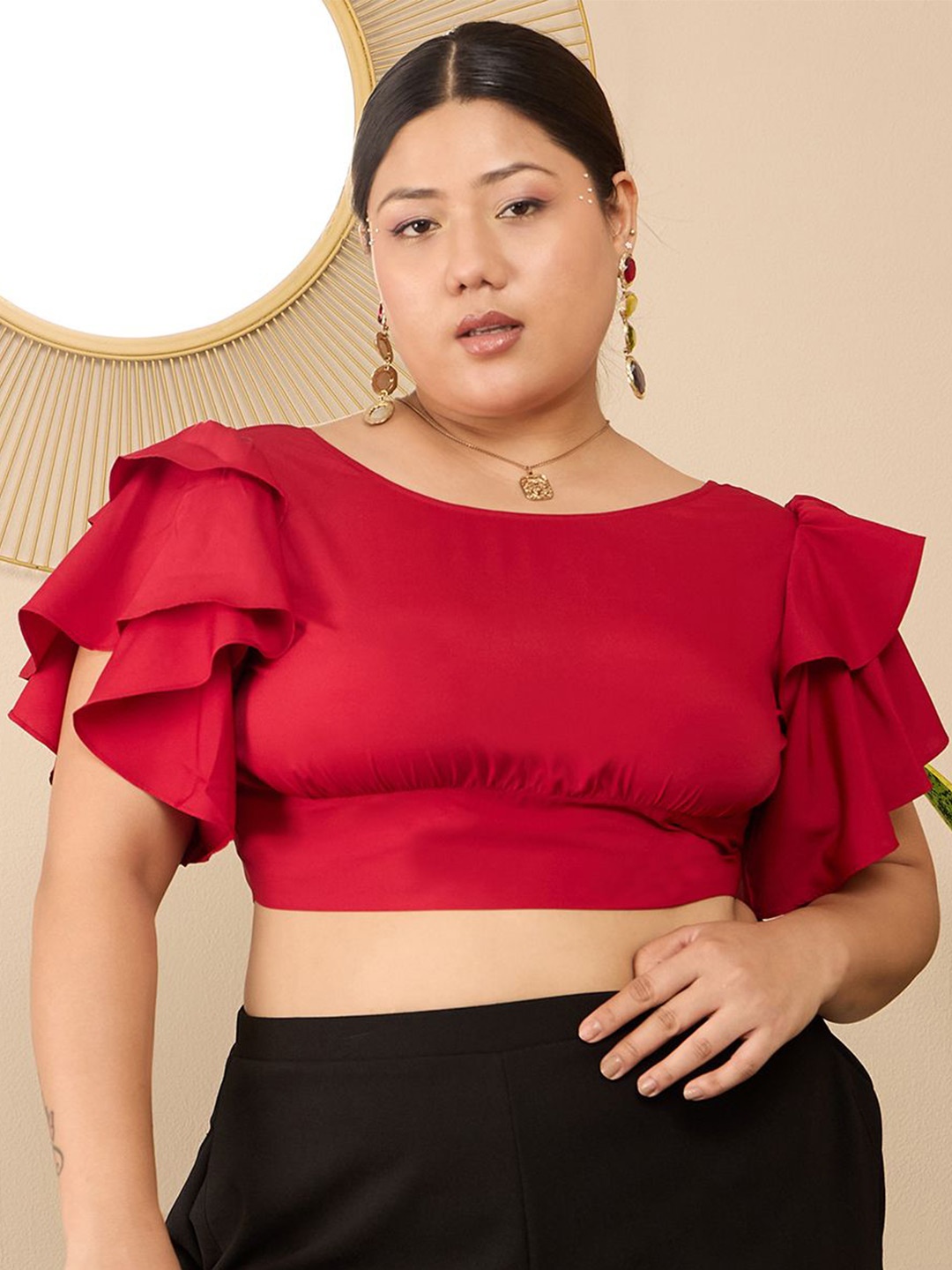 

Berrylush Curve Women Plus Size Flutter Sleeve Crop Top, Red