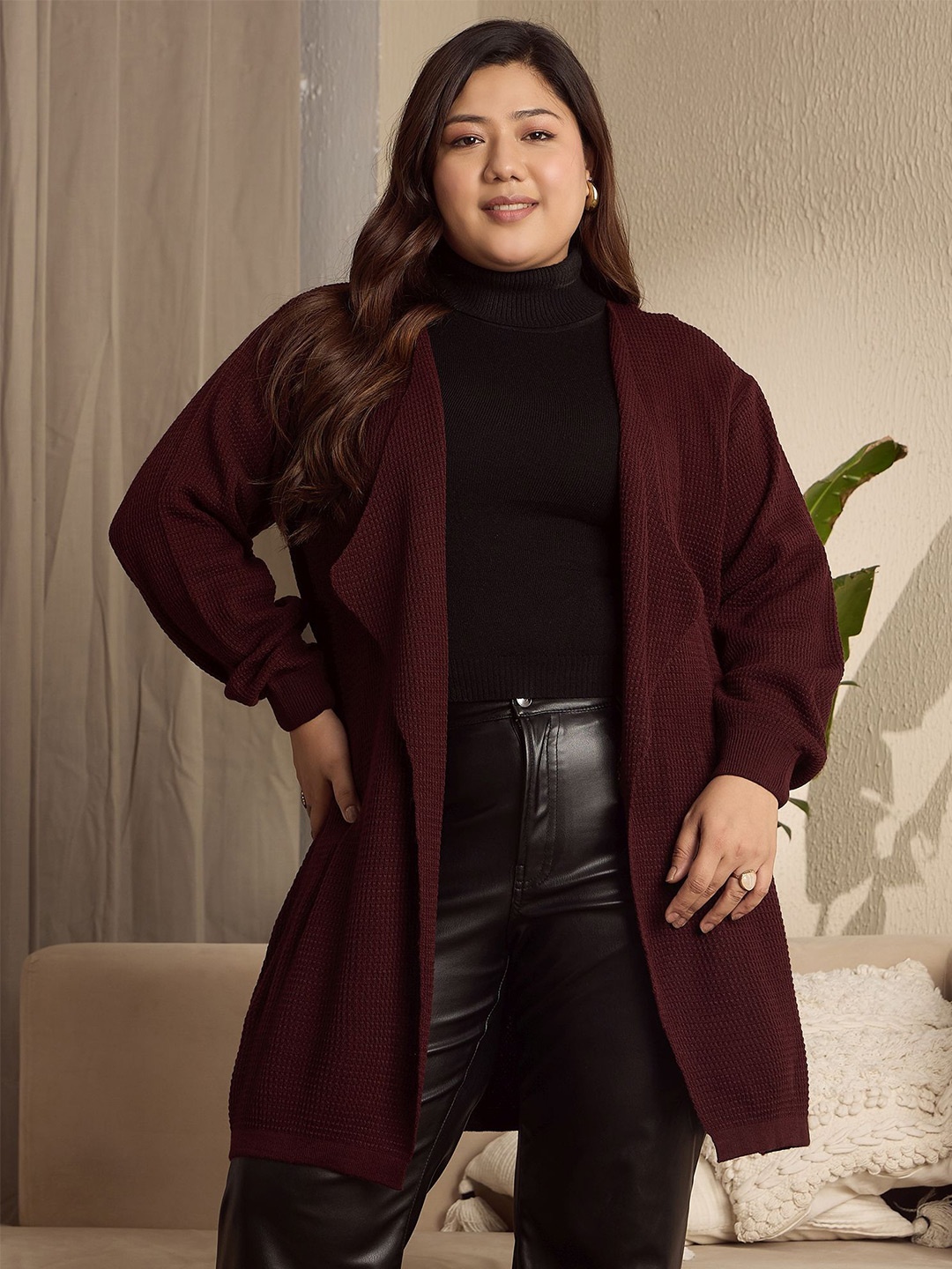 

Berrylush Curve Women Plus Size Longline Cardigan, Maroon