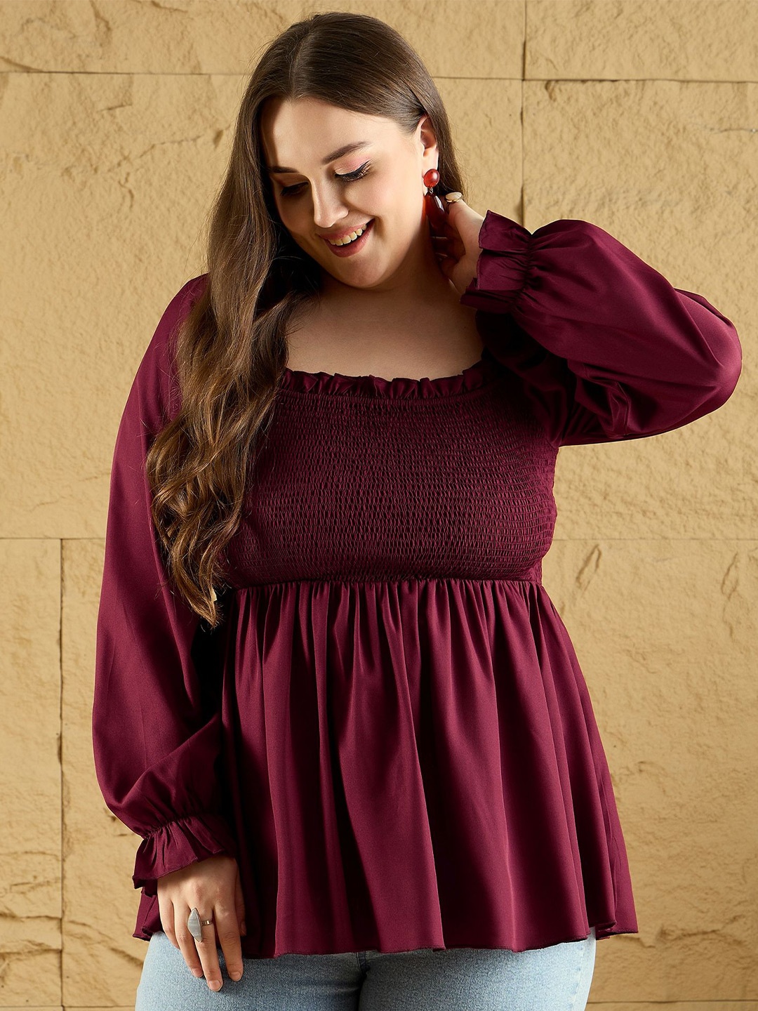 

Berrylush Curve Women Puff Sleeve Top, Maroon