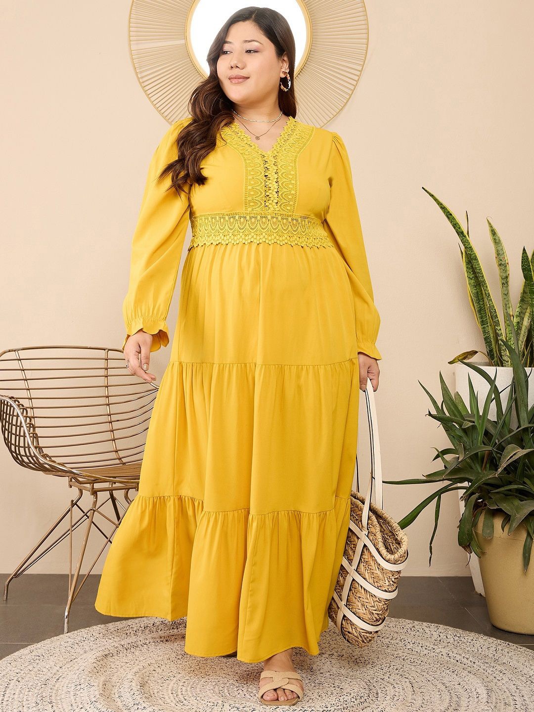 Berrylush Curve Women V-Neck Plus Size Maxi Dress, Yellow