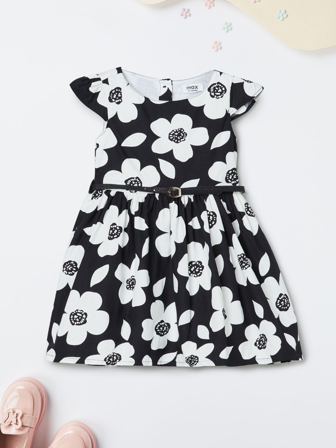 

max Girls Floral Printed Cotton Fit & Flare Dress, Black