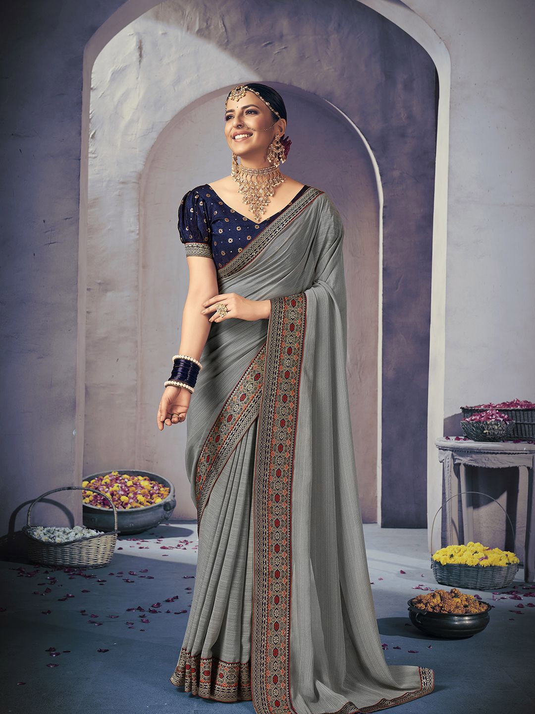 

Mitera Embellished Ready To Wear Saree With Heavy Brocade Blouse, Grey