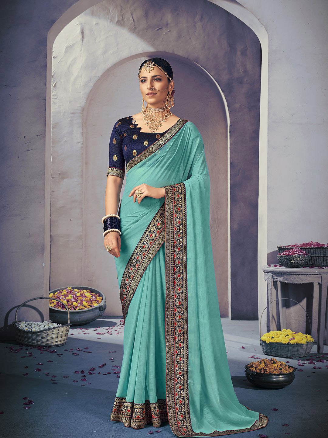 

Mitera Embroidered Ready to Wear Saree with Blouse Piece, Turquoise blue