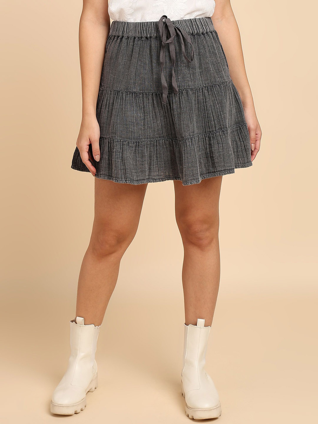 

HERE&NOW Women Pure Cotton Tiered Mini Skirt, Grey