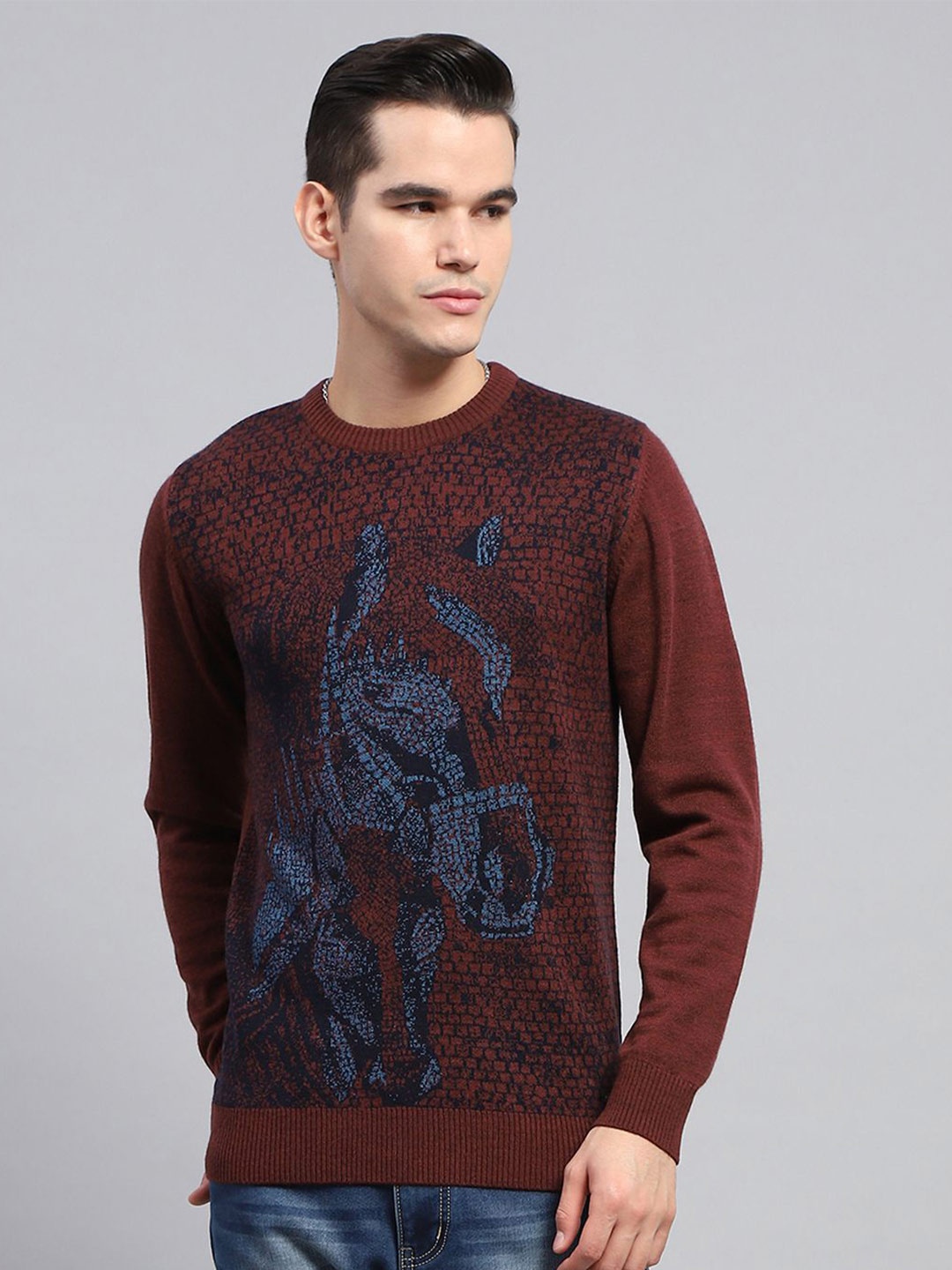 

Monte Carlo Men Self Design Woollen Pullover Sweaters, Maroon