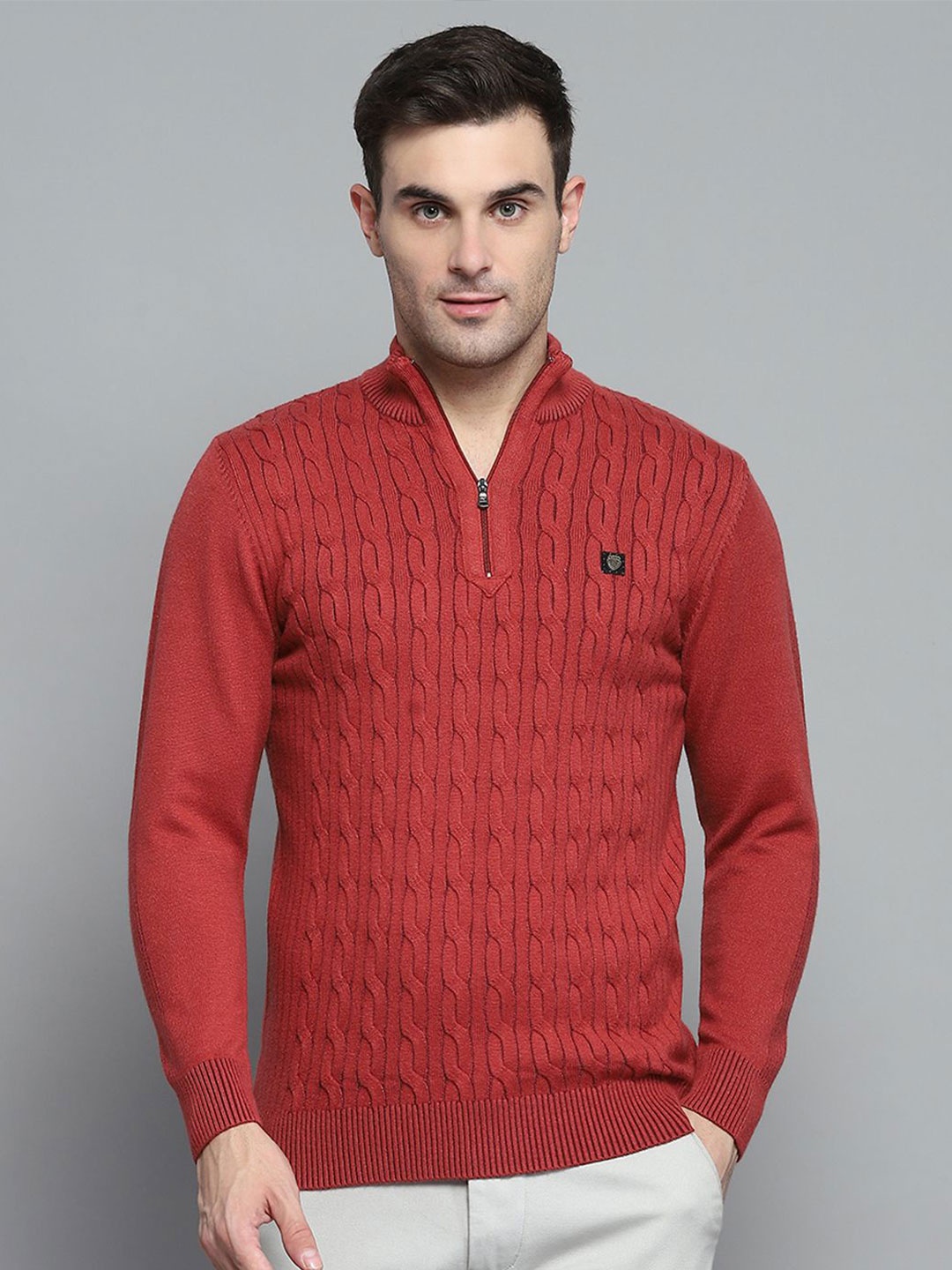 

Monte Carlo Men Self Design Cable Knit Woollen Pullover, Rust
