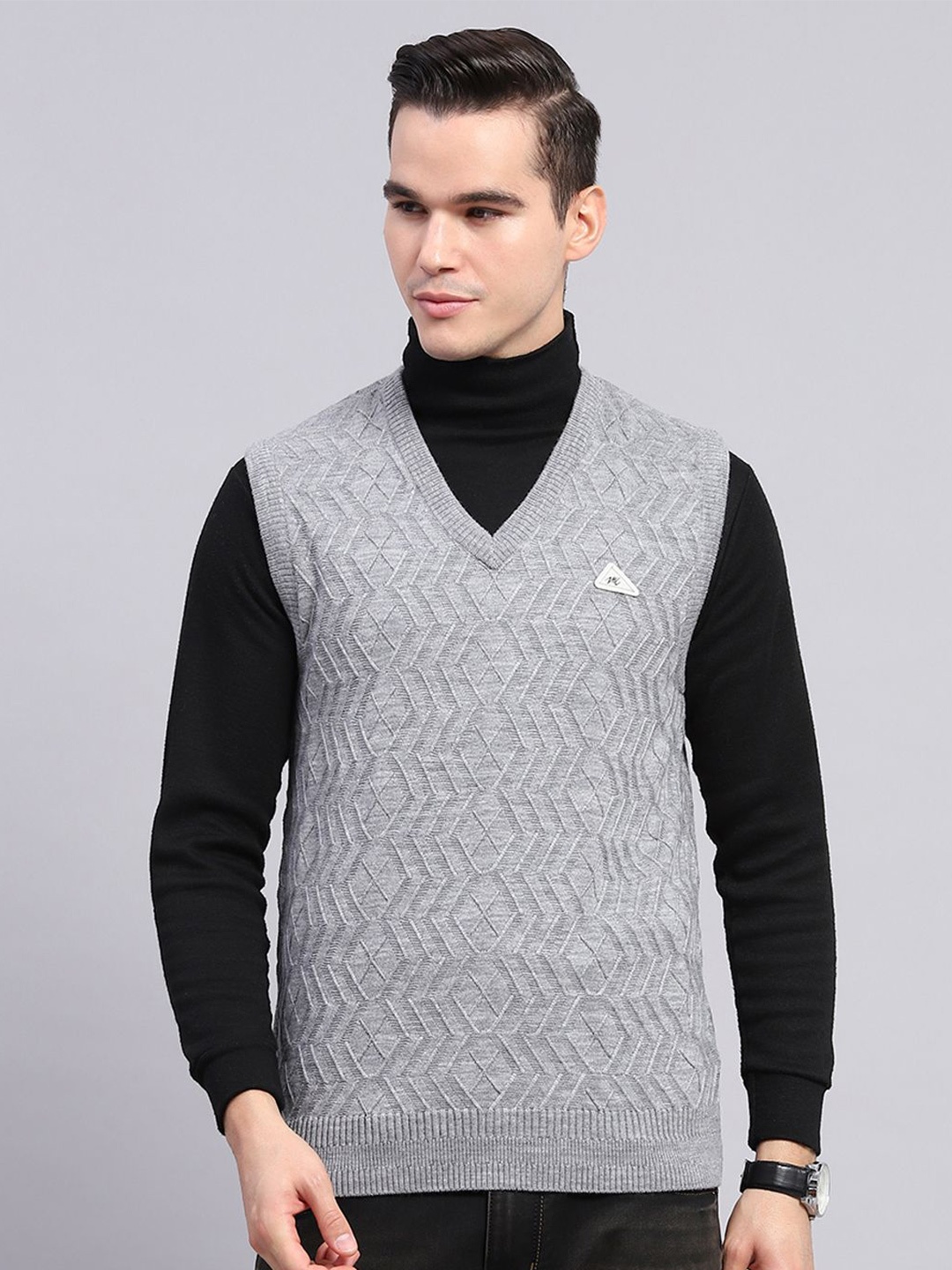 

Monte Carlo Men Self Design Chevron Woollen Sweater Vest, Grey