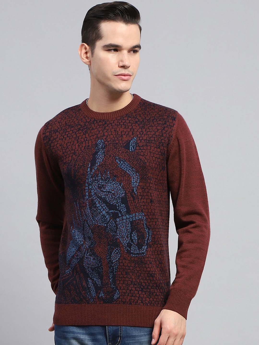 

Monte Carlo Men Self Design Round Neck Full Sleeve Woollen Pullover, Maroon