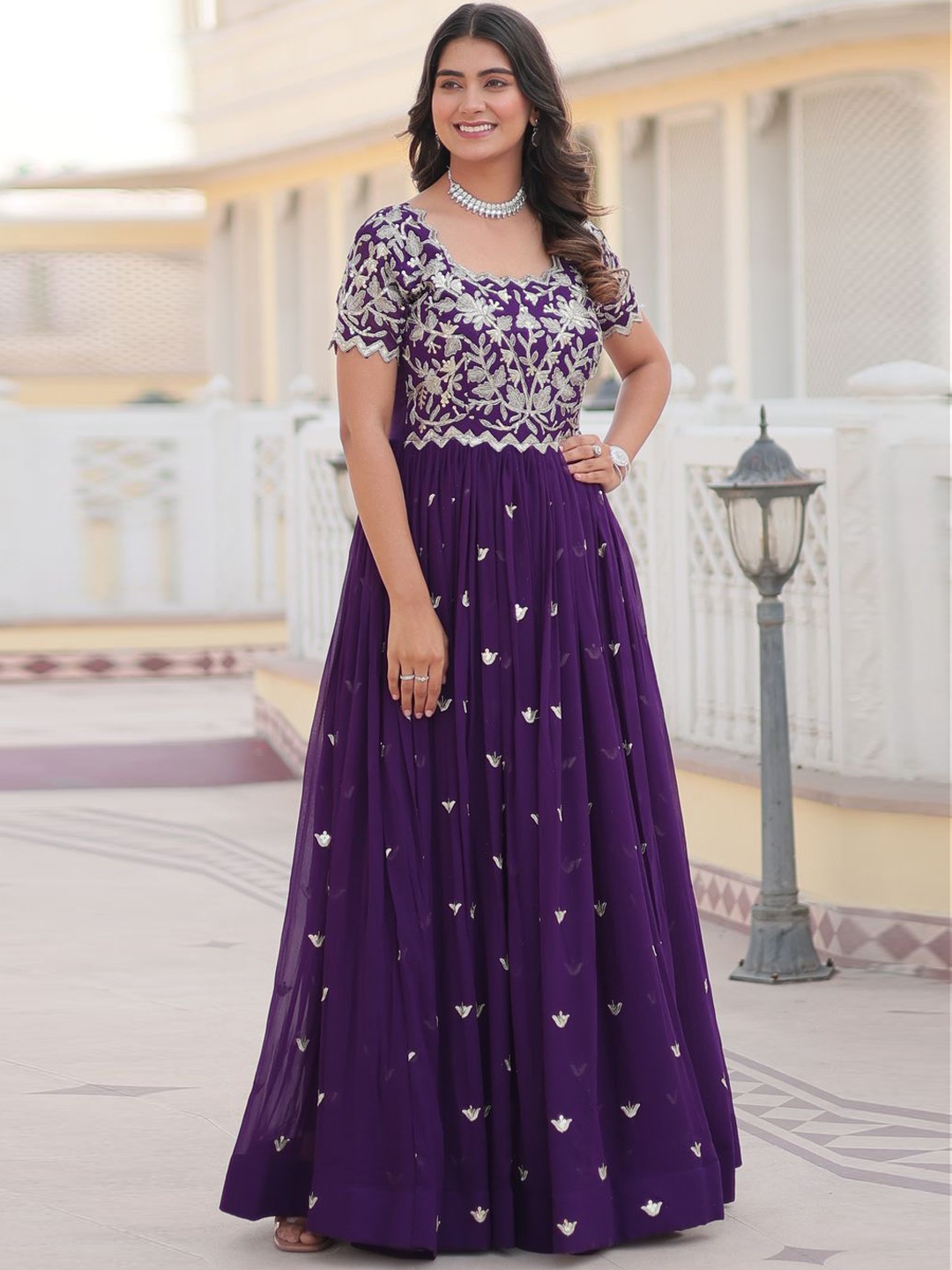

Ethnic Yard Women Floral Embellished Sequined Fit & Flared Ethnic Dress, Purple