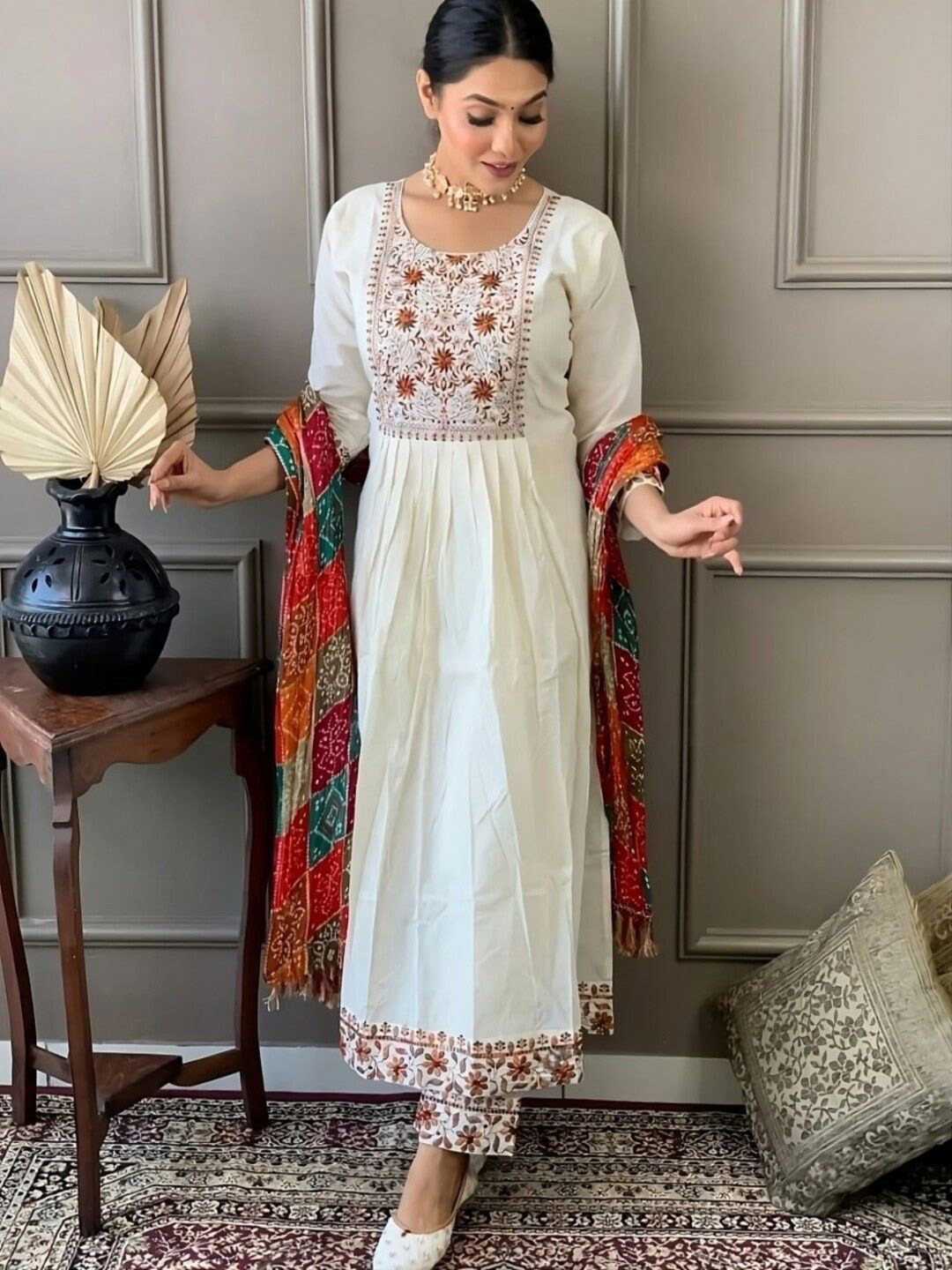 

SHIJILA Floral Embroidered Round Neck Pleated A-Line Kurta With Trouser With Dupatta, White