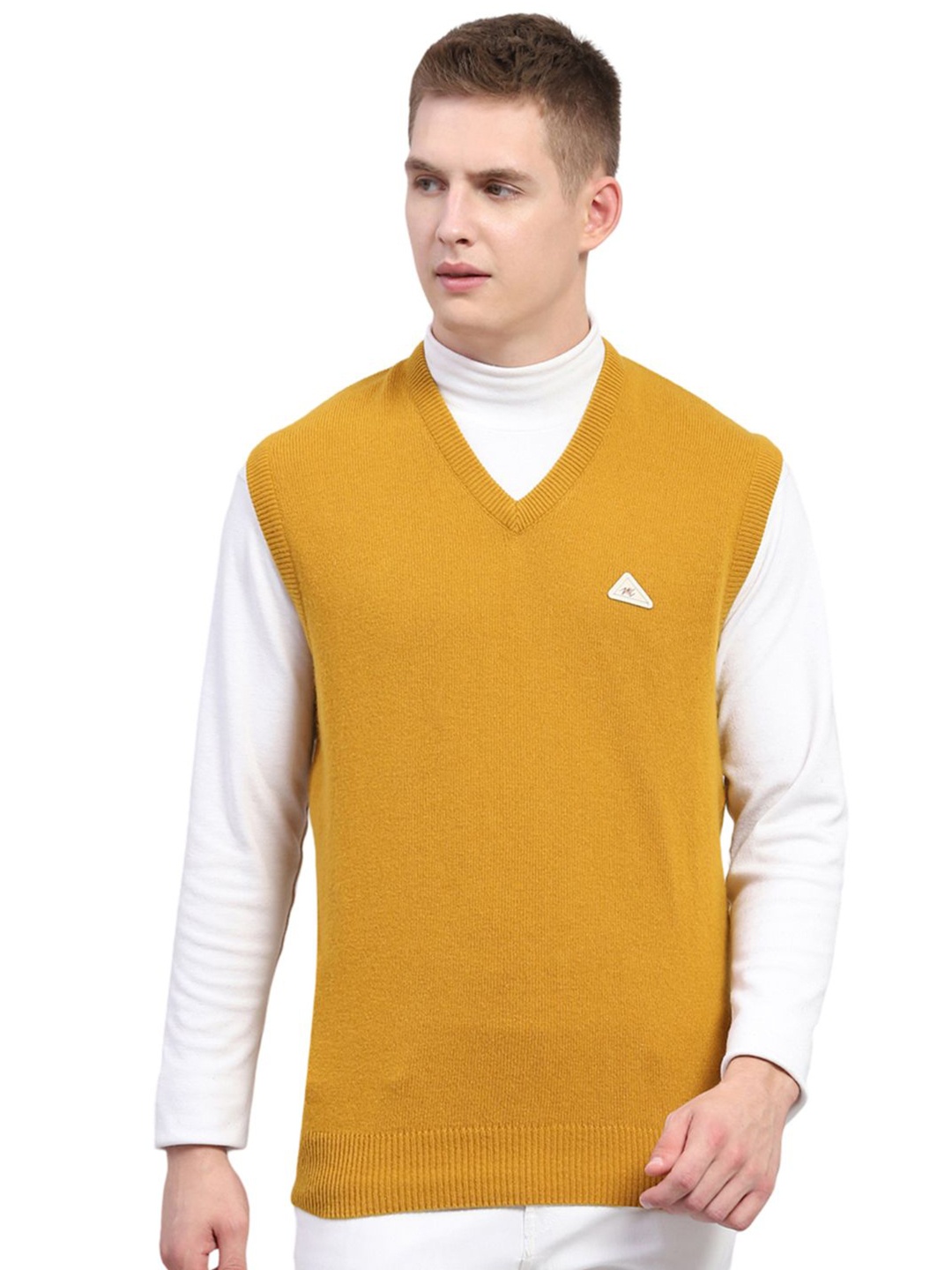 

Monte Carlo Men V-Neck Sleeveless Woollen Sweater Vest, Mustard