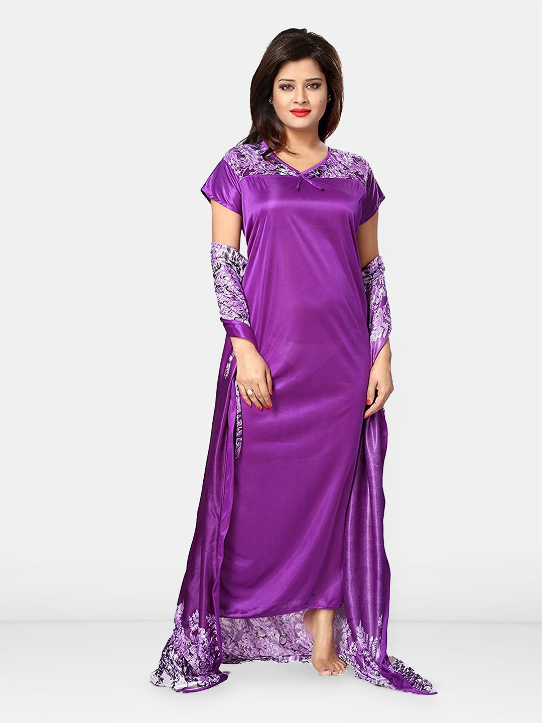 

Be You Women Printed V-Neck Maxi Nightdress with Robe, Purple