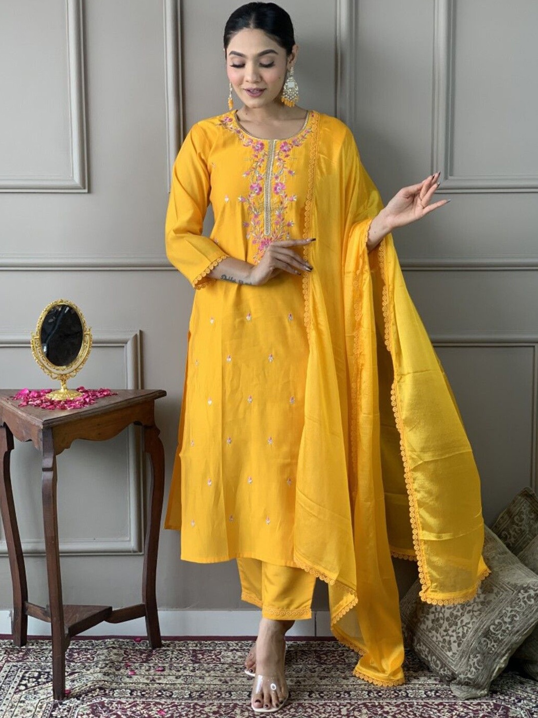 SHIJILA Floral Embroidered Regular Sequinned Kurta With Trouser With Dupatta, Yellow