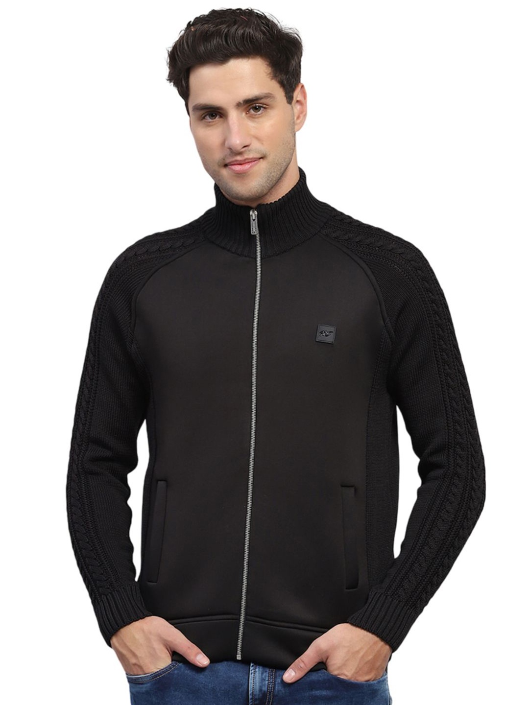 

Monte Carlo Men Cable Knit Mock Neck Front-Open Sweater, Black