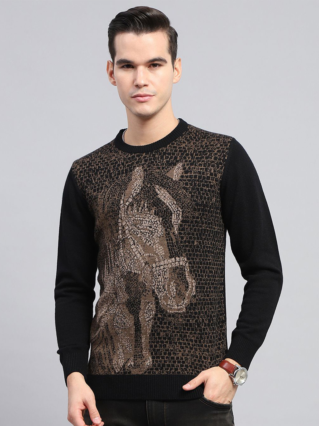 

Monte Carlo Men Self Design Woollen Pullover, Black
