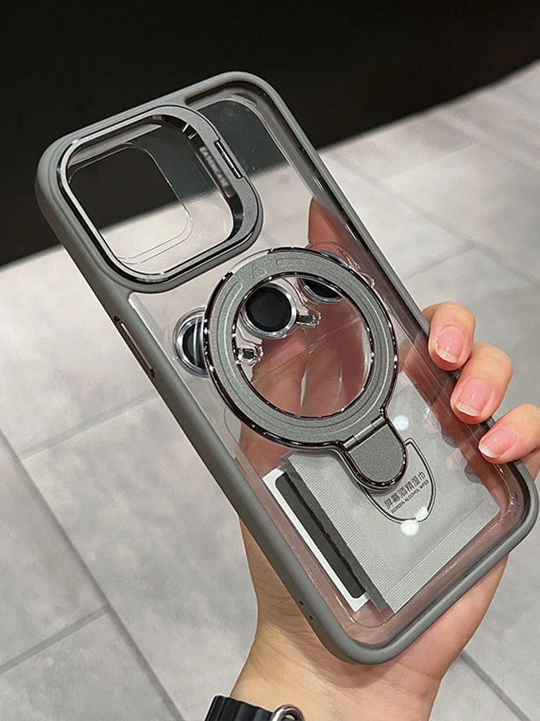 

Luxury Kase LK176 Metal Camera Ring Kickstand iPhone 15 Back Case, Grey