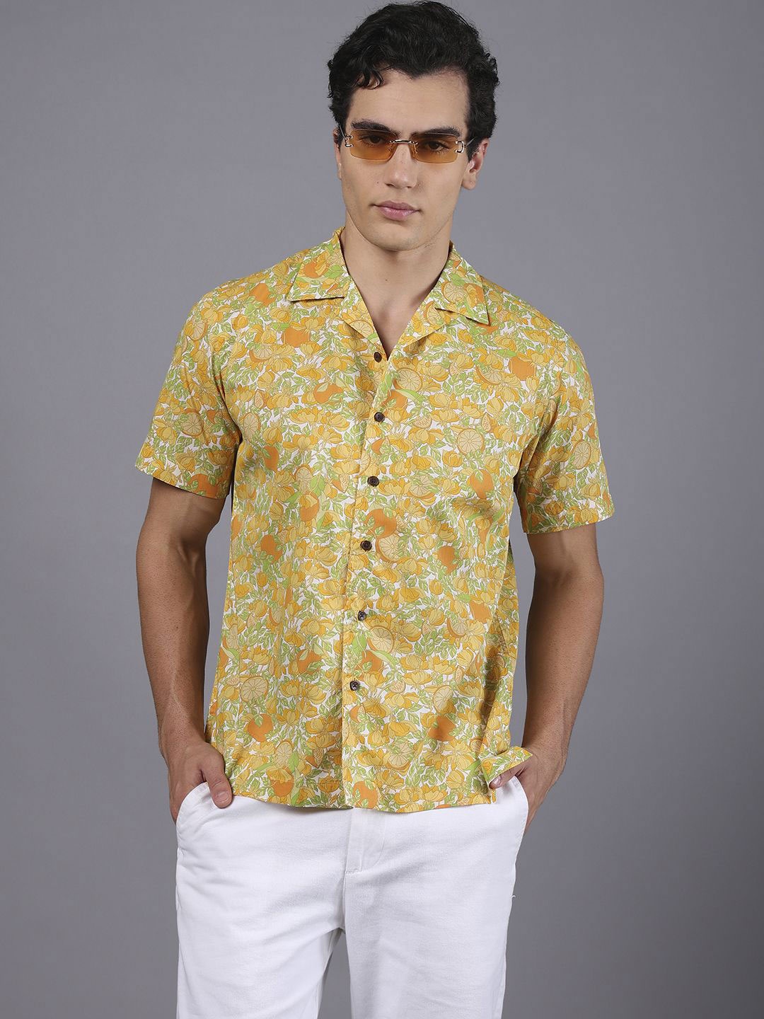 

DON VINO Men India Slim Cuban Collar Floral Printed Cotton Casual Shirt, Cream