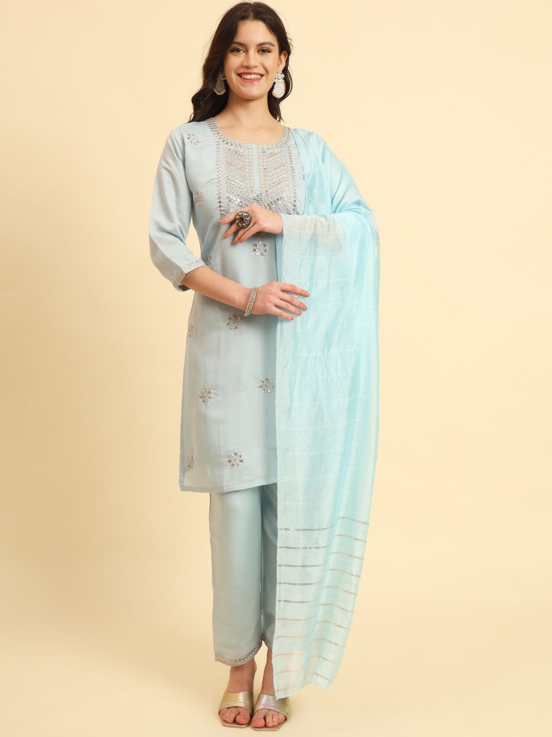 HERE&NOW Floral Embroidered Regular Sequinned Straight Kurta with Trousers & Dupatta, Blue