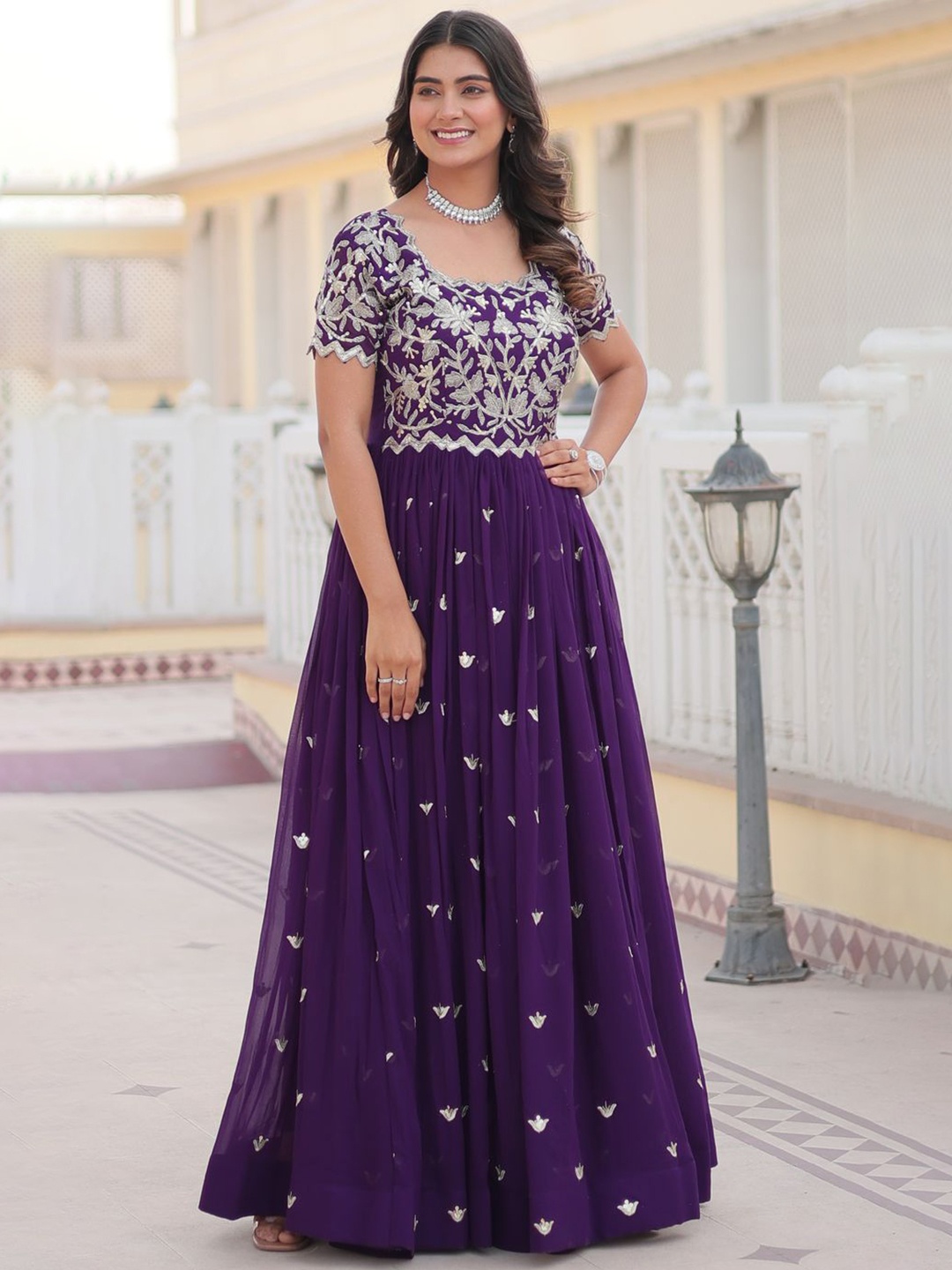 Fashion Basket Women Embroidered Fit & Flared Ethnic Dress, Purple