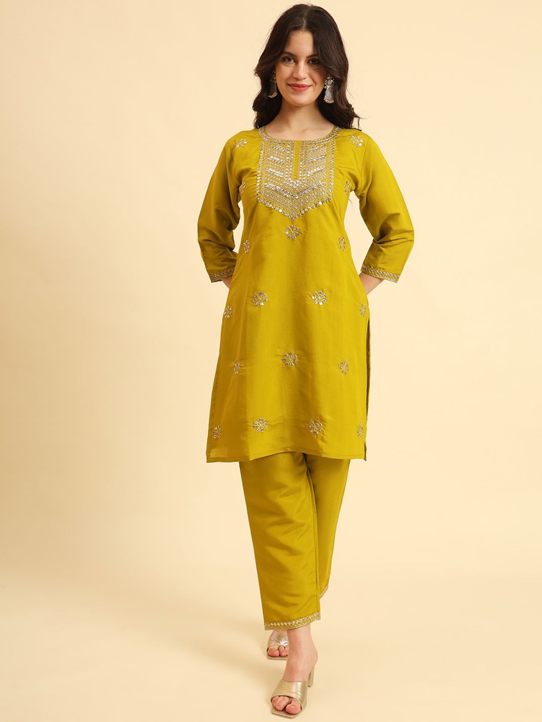 

HERE&NOW Floral Embroidered Regular Sequinned Straight Kurta with Trousers & Dupatta, Lime green
