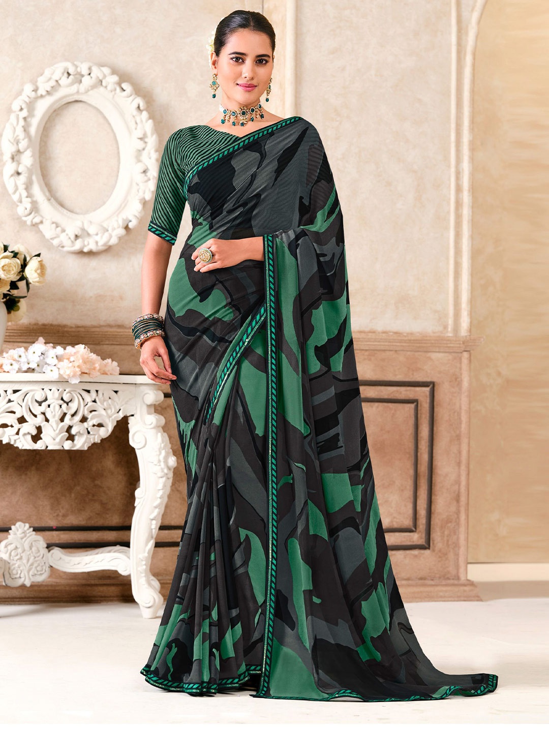 

Laxmipati Printed Embelished Saree, Green