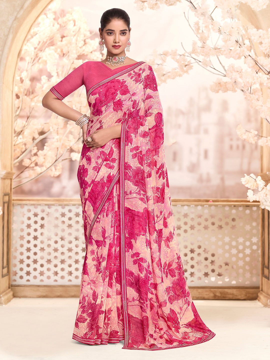

Laxmipati Floral Printed Sequinned Saree, Pink