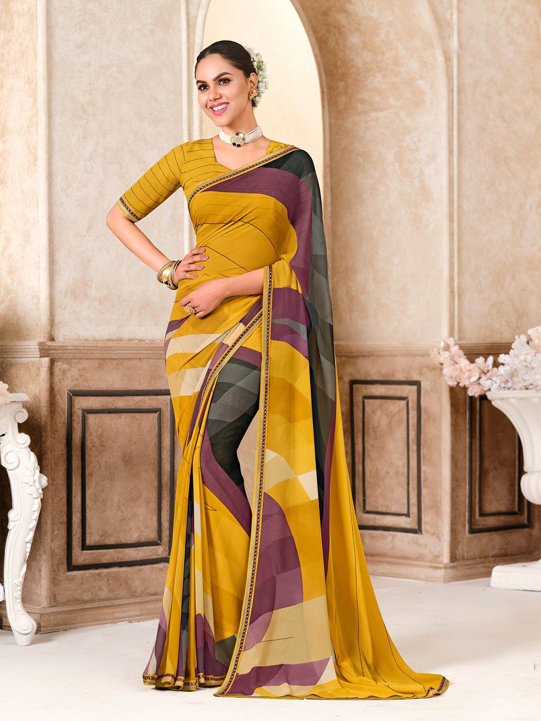 

Laxmipati Abstract Printed Embroidered Saree, Yellow