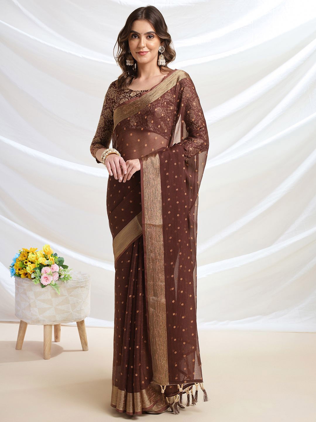 

Mitera Floral Printed Ready to Wear Saree, Coffee brown