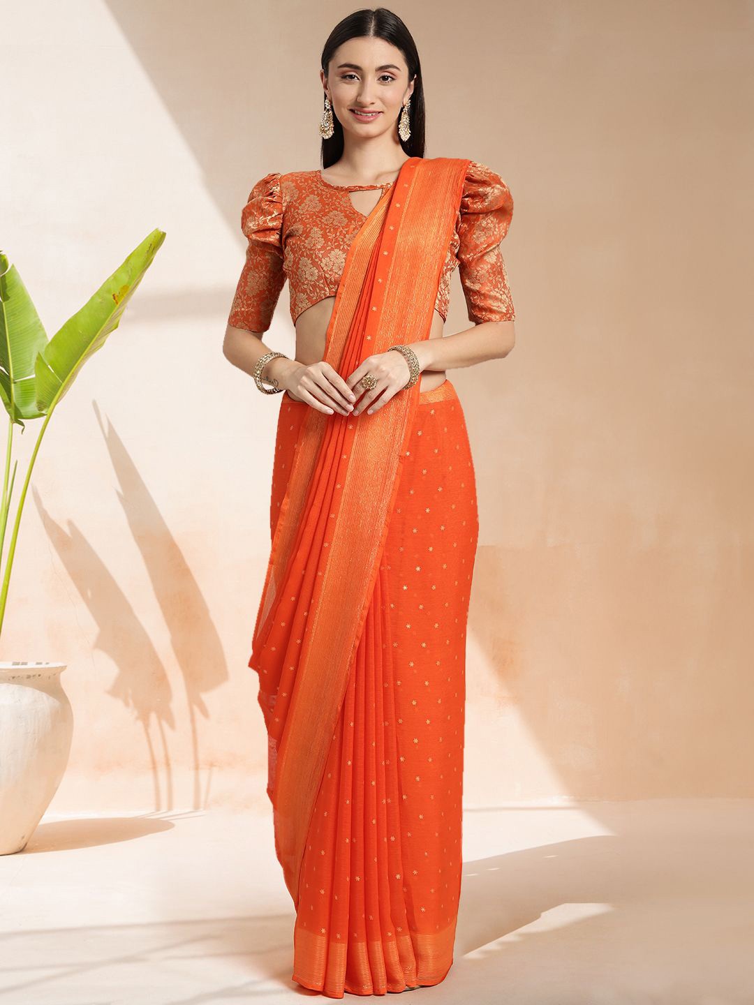 

Mitera Floral Printed Ready to Wear Saree, Orange